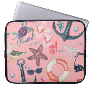 Nautical Watercolor Anchor Starfish Pattern Laptop Sleeve