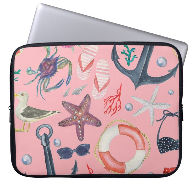 Nautical Watercolor Anchor Starfish Pattern Laptop Sleeve (Front)