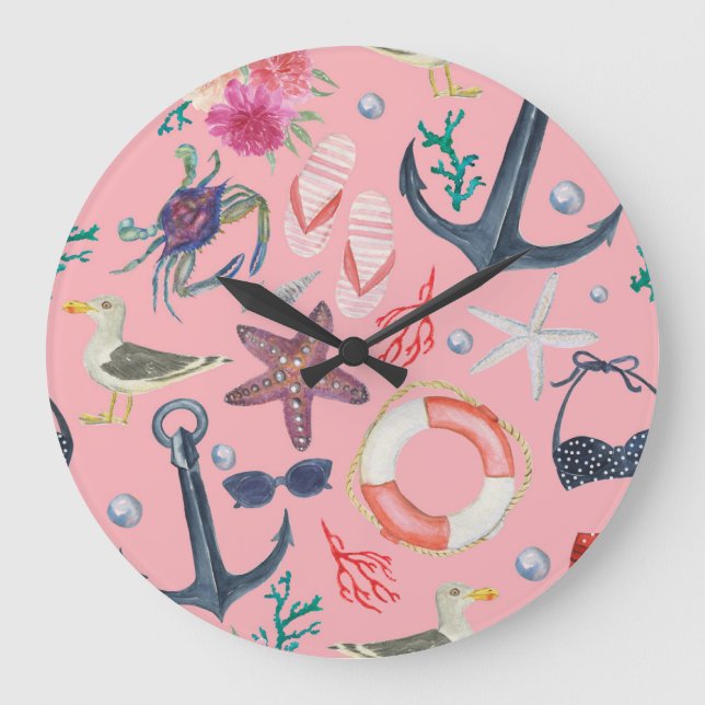 Nautical Watercolor Anchor Starfish Pattern Large Clock (Front)
