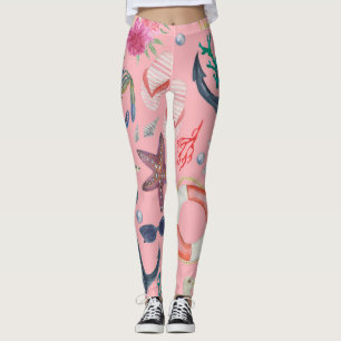 Nautical Watercolor Anchor Starfish Pattern Leggings