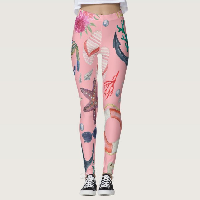 Nautical Watercolor Anchor Starfish Pattern Leggings (Front)