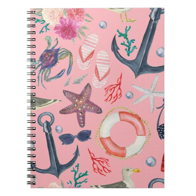 Nautical Watercolor Anchor Starfish Pattern Notebook (Front)