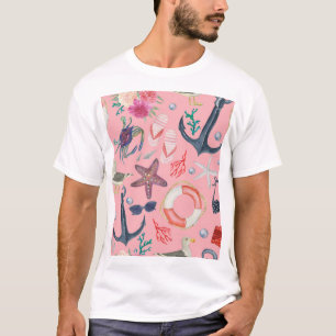 Nautical Watercolor Anchor Starfish Pattern T-Shirt
