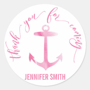 Nautical Watercolor Anchor Thank You Pink Classic Round Sticker