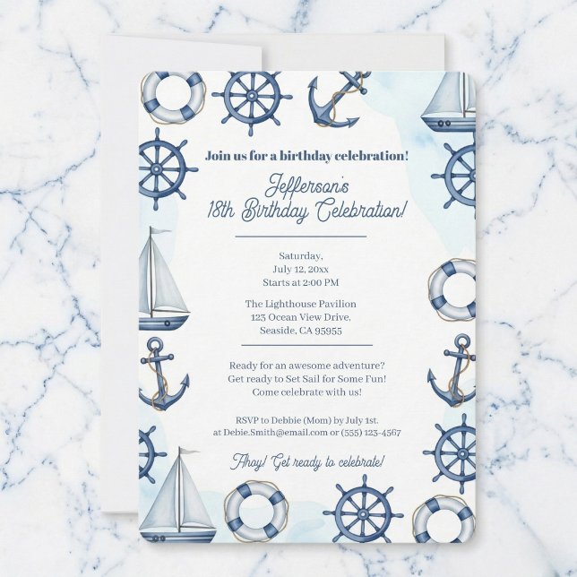 Nautical Watercolor Anchor Wheel Border Invitation (Anchor your special date.)
