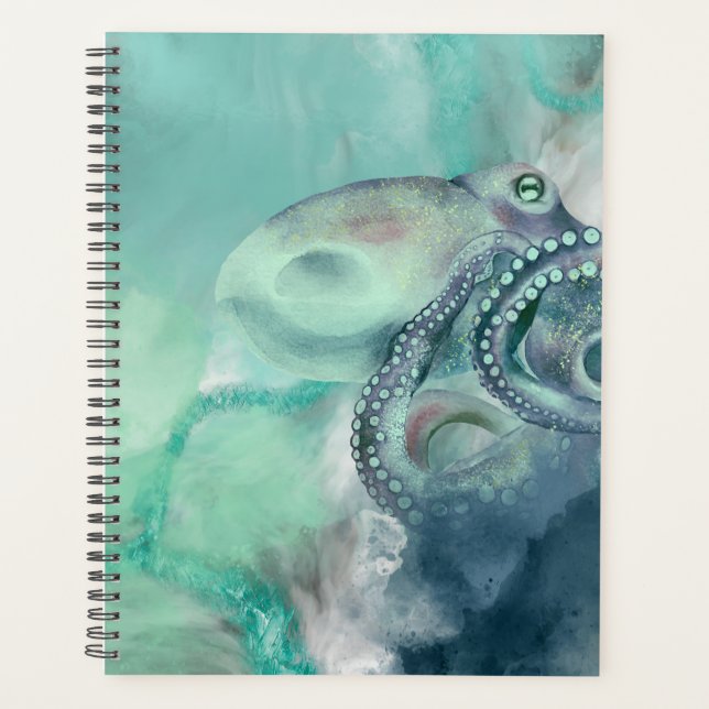 Nautical Watercolor Aqua Ocean Octopus  Planner (Front)