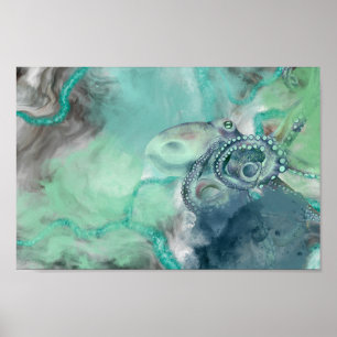 Nautical Watercolor Aqua Ocean Octopus Poster