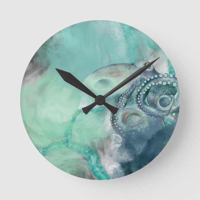 Nautical Watercolor Aqua Ocean Octopus Round Clock (Front)