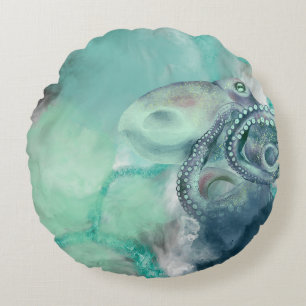Nautical Watercolor Aqua Ocean Octopus  Round Cushion