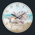 Nautical Watercolor Beach Seashells Large Clock<br><div class="desc">Add a relaxing coastal or island vibe to your home with this nautical wall clock featuring a watercolor painting of the ocean and white sand beach with seashells.  Easily personalise it with your own desired text (or if you prefer,  you can remove the text).</div>