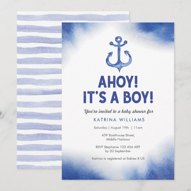 Nautical Watercolor Blue Baby Shower invitation (Front/Back)
