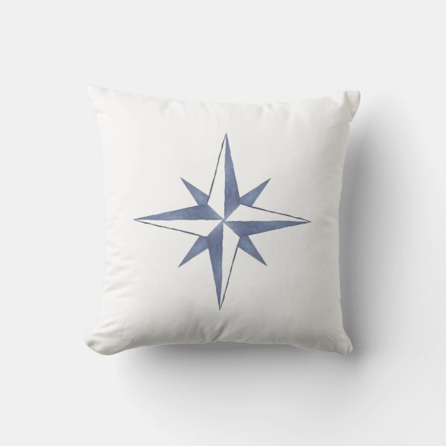 Nautical Watercolor Blue Compass Star Throw Pillow (Front)