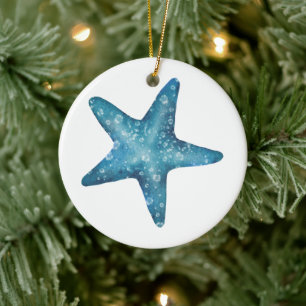 Nautical Watercolor Blue Starfish Ceramic Tree Decoration