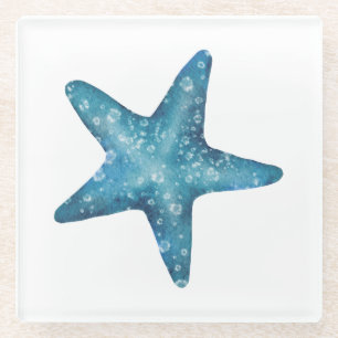 Nautical Watercolor Blue Starfish Glass Coaster