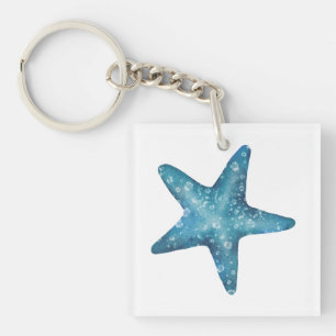 Nautical Watercolor Blue Starfish Key Ring