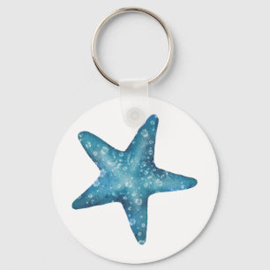 Nautical Watercolor Blue Starfish Key Ring