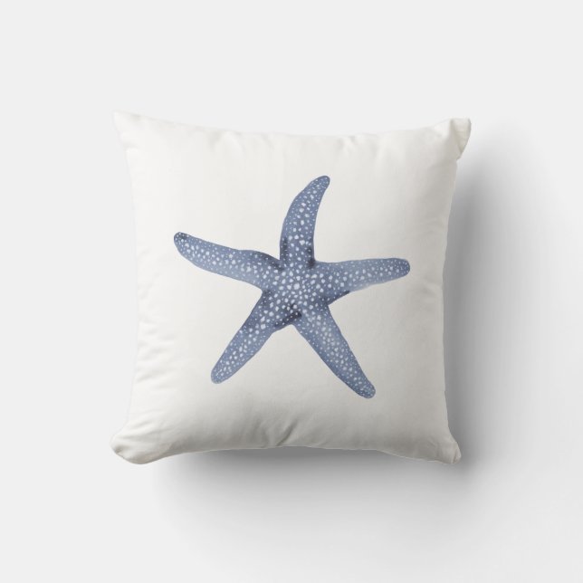 Nautical Watercolor Blue Starfish Throw Pillow (Front)