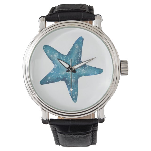 Nautical Watercolor Blue Starfish Watch (Front)