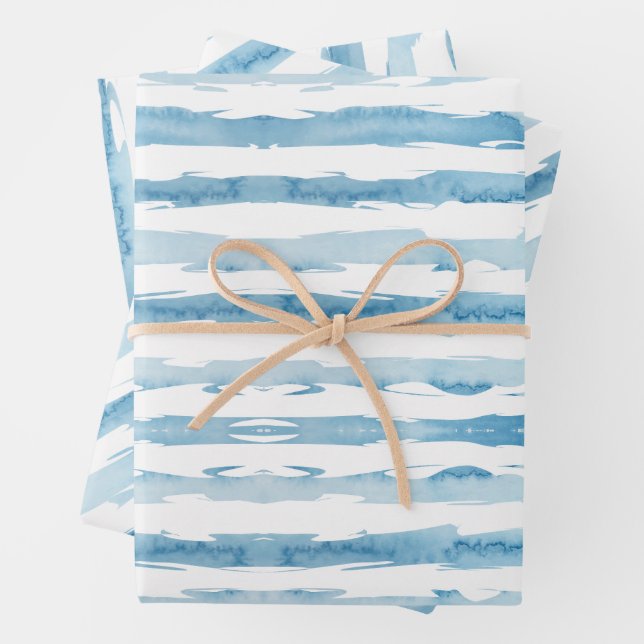  Nautical Watercolor Blue White Painted Striped Wrapping Paper Sheet (In situ)