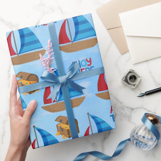 Nautical Watercolor Boat Pirate's Treasure Blue Wrapping Paper (Gifting)