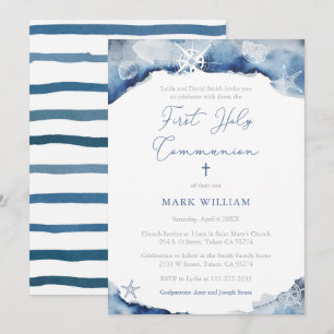 Nautical Watercolor Boy First Communion Party Invitation