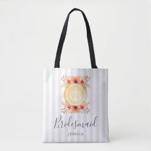 Nautical Watercolor Floral Gold Anchor  Bridesmaid Tote Bag
