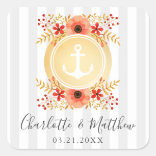 Nautical Watercolor Floral Gold Anchor Wedding Square Sticker
