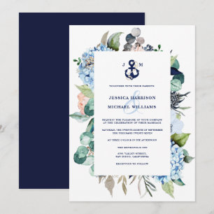 Nautical Watercolor Floral Hydrangea Wedding Invitation