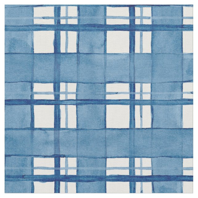 Nautical Watercolor Hand Painted Plaid Pattern Fabric (Close Up)