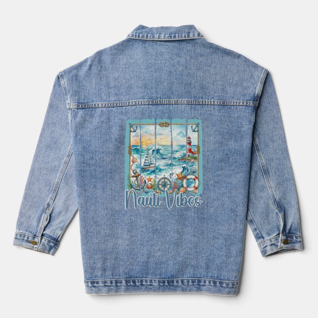 Nautical Watercolor Lighthouse Sunset Coastal  Denim Jacket (Back)