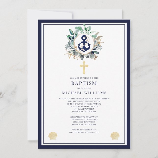 Nautical Watercolor Navy Anchor Cross Baptism Invitation (Front)