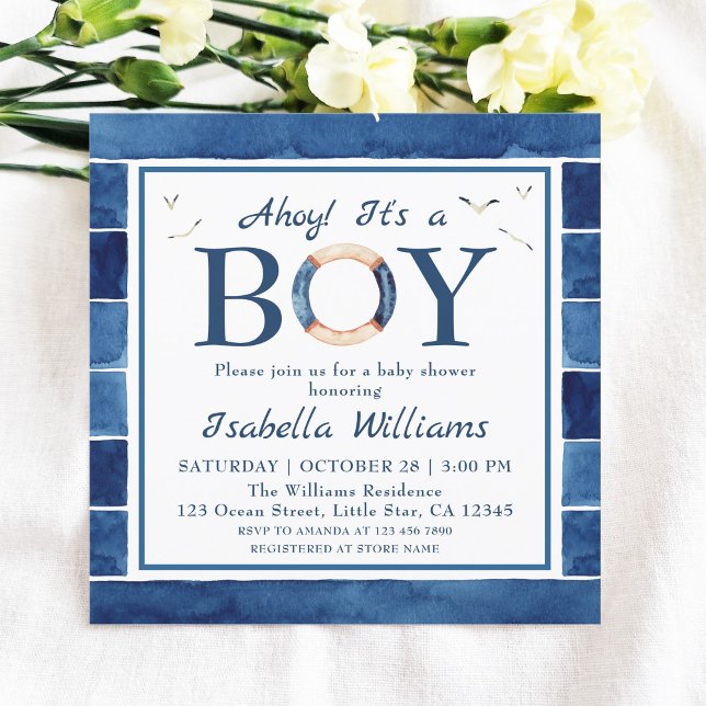 Nautical Watercolor Navy Blue Boy Baby Shower Invitation (Creator Uploaded)