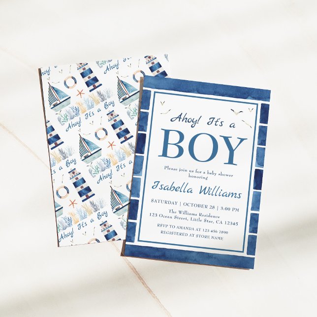 Nautical Watercolor Navy Blue Boy Baby Shower Invitation (Creator Uploaded)