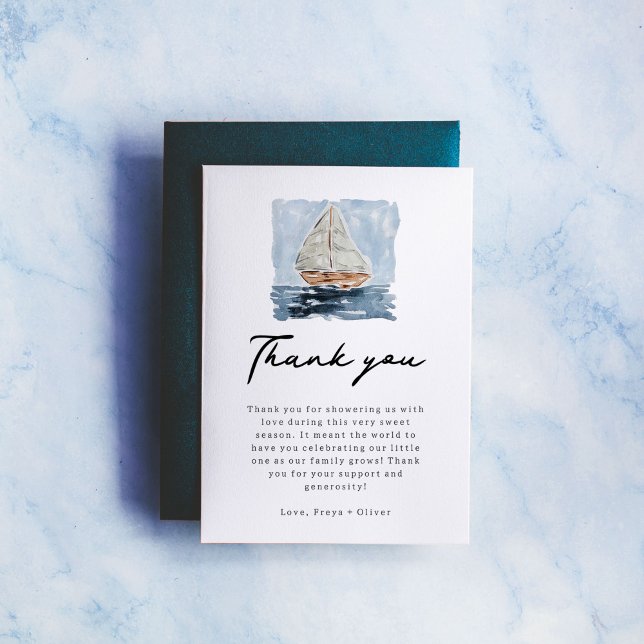 Nautical Watercolor Sailboat Baby Shower Thank You Card (Nautical watercolor sailboat baby shower Thank You cards.)