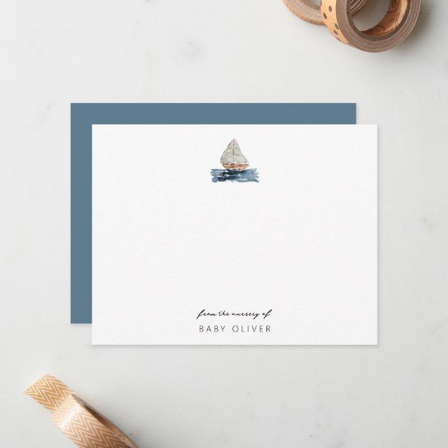 Nautical Watercolor Sailboat From the Nursery Baby Card (Front/Back In Situ)