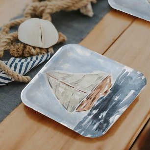 Nautical Watercolor Sailboat Painting Baby Shower Paper Plate