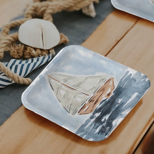Nautical Watercolor Sailboat Painting Baby Shower Paper Plate (Blue nautical watercolor sailboat modern party paper plates.)