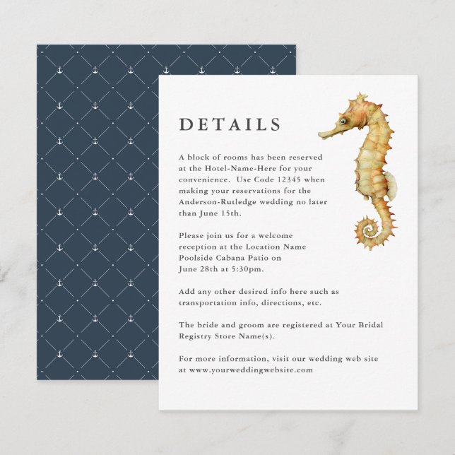 Nautical Watercolor Seahorse Wedding Details Info Enclosure Card (Front/Back)