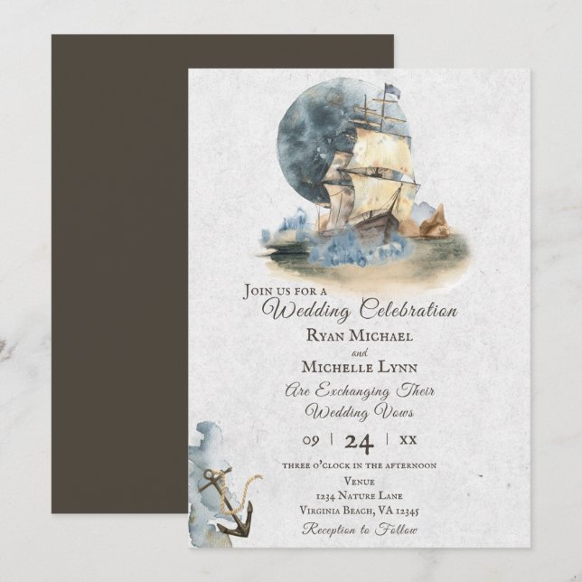 Nautical Watercolor Ship and Full Moon Wedding Invitation (Front/Back)