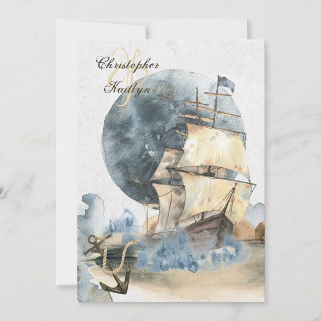 Nautical Watercolor Ship and Full Moon Wedding Invitation (Front)