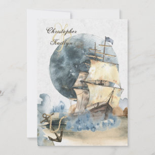 Nautical Watercolor Ship and Full Moon Wedding Invitation