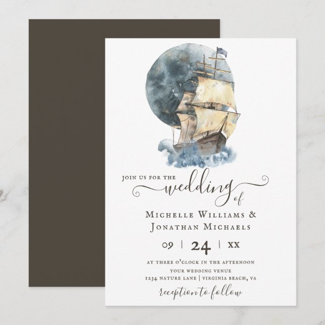 Nautical Watercolor Ship Sailing Beach Wedding Invitation (Front/Back)