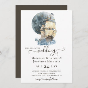 Nautical Watercolor Ship Sailing Beach Wedding Invitation