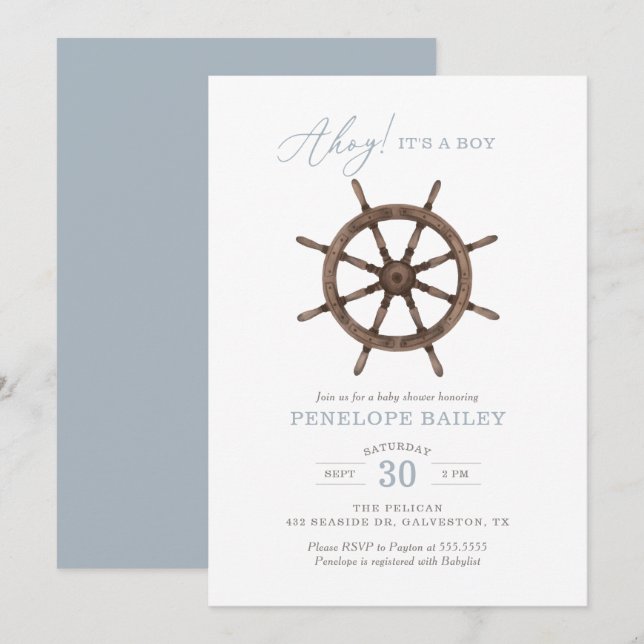 Nautical Watercolor Ship Wheel Baby Shower Invitat Invitation (Front/Back)