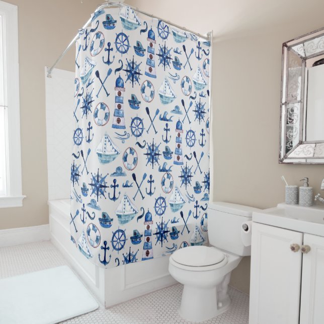 Nautical Watercolor Shower Curtain (In Situ)