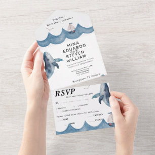 Nautical watercolor wedding all in one invitation