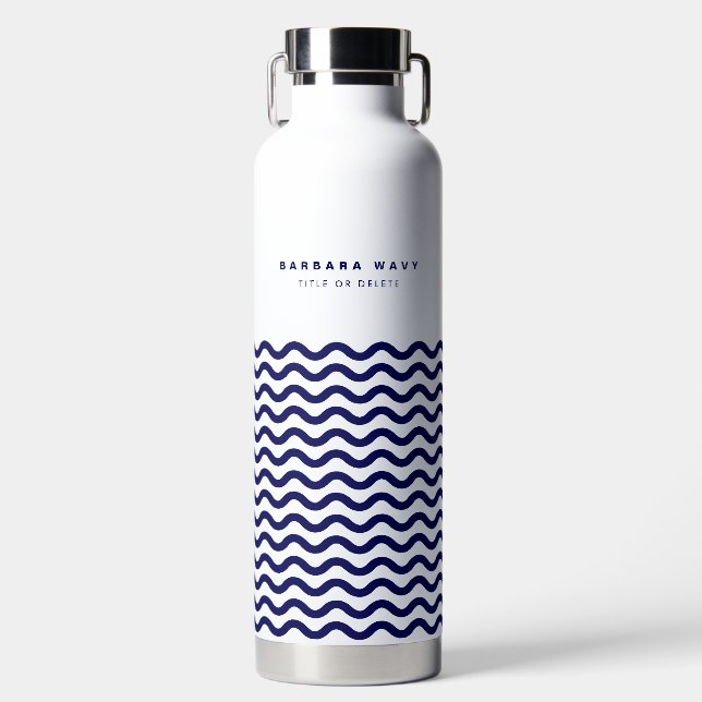 Nautical Wave Navy Blue Trendy Simple Stylish on a Water Bottle (Front)
