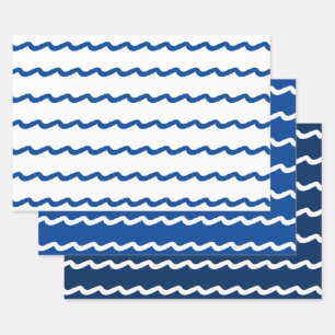 Nautical waves blue white 3 gift wrapping paper