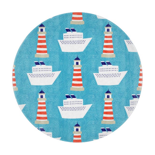 Nautical Waves: Lighthouse Cruiser Pattern. Cutting Board (Front)