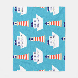 Nautical Waves: Lighthouse Cruiser Pattern. Fleece Blanket